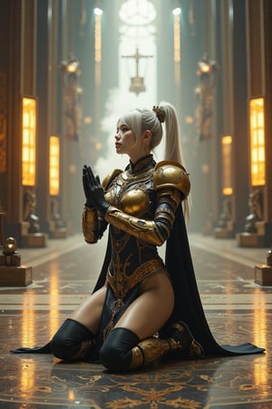 A professional cinematic photography of a breathtakingly beautiful japanese girl cosplaying Adeptus Custodes from Warhammer 40k. The golden exoskeleton power armor is magnificently ornate and intricate and delicately crafted. The lower part of the power armor is a golden high slit skirt inscribed with glowing sacred inscription, revealing her beautiful thigh adorned with black stockings. The armor reflects the metallic texture and the ultimate craftmanship of the human empire  She has an ulzzang appearance with light skin tone and lustry skin texture, accentuating her youthful face. Her hair is white with a hairstyle composed of high ponytail and bangs. She is kneeling down on one knee and praying with dedication in middle of a cathedral. The floored is decorated with imperium aquila. A radiating light halo above her head. The scene reflects a sacred and serene atmosphere. The room is filled with the smoke of censer, reflecting the light. Enhanced all, FuturEvoLabArmor