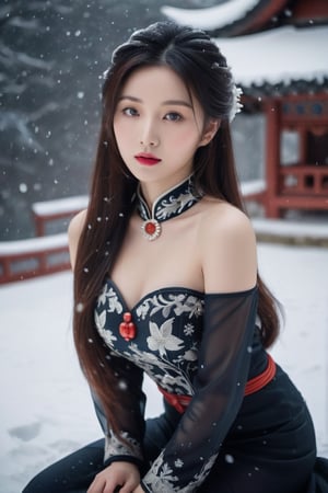 (cowboy shot/(viewed from above, looking up at viewer):1.25), kneeling on the snow, a 17-years old ethereal and breathtakingly beautiful chinese idol, a glamorous beautiful face, (red-black two-tones long hair:1.25), balayage hair, porcelain skin tone, elegant qipao, black pantyhose, translucent skin texture, perfect busty model body, a girlfriend with playful spirit, snow falling winter, ultra realistic, raw photo, fiji velvia, award-winning photo, masterpiece, best quality, high resolution, 8k uhd, high fidelity, depth of field, beauty & aesthetic