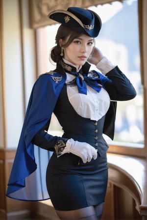 1girl, white gloves, tricorne, black pantyhose, pencil skirt, black jacket, fold-over boots, ascot, thigh strap, white shirt, underbust, blue cape, photo_b00ste, raw photo, depth of field, cowboy shot, hand in own hair, looking at viewer, perfect features, intricate details, award-winning, hypearealistic, vogue cover, concept art style, ethereal glamorous face with translucent skin texture accentuating the youthfulness, clorinde \(genshin impact\),more detail XL