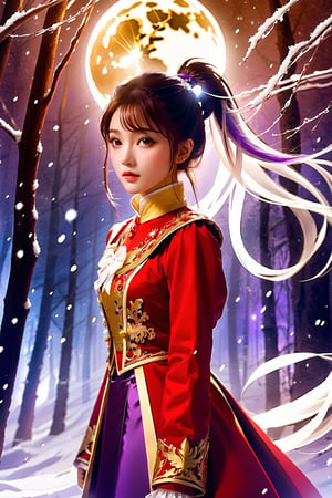 masterpiece, high definition, (agirl:1.1), perfect face, red tailcoat dress, purple ponytail, ethereal atmosphere, detailed Anime face, delicate golden filigree, moon light, forest, mesmerizing light, unforgettable tones, charming colors, dramatic lighting, charming halo, gradient skirt), (snowing:0.5), GUILD WARS, beautymix