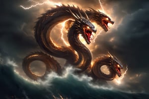 armageddon theme, masterpiece, hydra, dragon, golden filigree, dramatic lighting, oil painting, thunder from the sky, electricity, above the sea