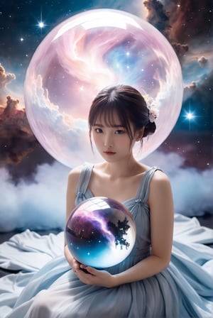 award-winning photography, ichika, galaxy in a crystal ball in front of her chest, Carina Nebula in a crystal ball, hyperrealistic