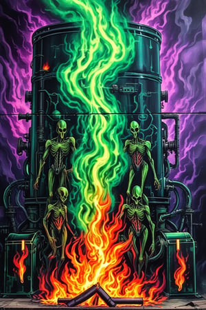 A mural depicting a furnace made of scifi mechanical part, combined with elements of chaos and evil. Souls are burned in the furnace, emitting green and purple fire. renaissance art style. The mural shows a strong connection to subspace.