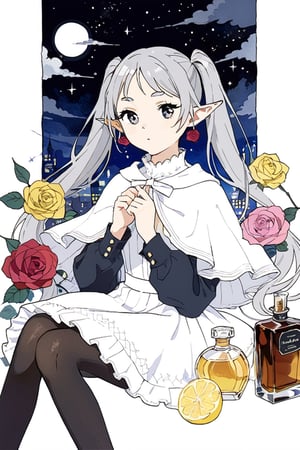 An illustration for a France perfume advertisement, 1girl, frieren, pointy ears, elf, earrings, twintails, parted bangs, grey hair, thick eyebrows, masterpiece, white capelet with long sleeves, black pantyhose and brown boots, best quality, color vivid, alcohol int art, upper body, a decent scent as a mixture of rose, lemon. aesthetic