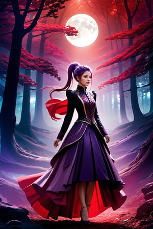 full body shot, masterpiece, high definition, (agirl:1.1), perfect face, red tailcoat dress, purple ponytail, ethereal atmosphere, moon light, forest, mesmerizing light, unforgettable tones, charming colors, dramatic lighting, charming halo, gradient skirt), GUILD WARS, 