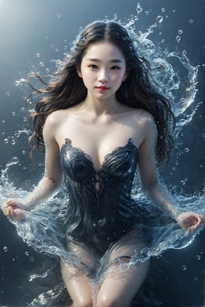 close-up with ((Aerial view):1.5), snow_falling theme, award-winning portrait, hyperrealistic, urdine, 15-years-old ethereal breathtakingly beautiful girl laying on water, smiling captatively, attire made of water, exquisite black embroidery, long hair, watce, fairytale-like lake, (surrounded by fog):1.5, Chinese girl