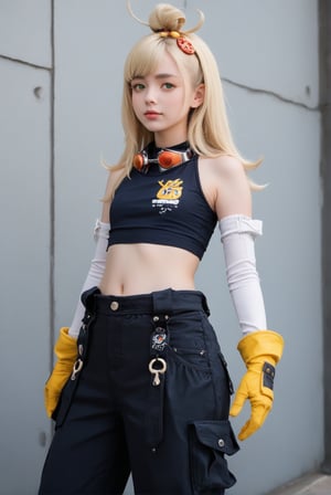 1girl, solo, an anime-like beautiful japanese girl, Zero_paipai, green eyes, thick eyebrows, short eyebrows, looking at viewer, black vest, bare shoulders, white elbow gloves, goggles around neck, long hair, blonde hair, yellow gloves, hair ornament, bangs pinned back, navel, bangs, midriff, black shorts, orange pants, feminine, score_9, score_8_up, score_7_up, source_photo, source_anime, ((photography, realistic, hyperrealistic, ultrarealistic)), ulzzang, absurdres, a mesmerizing beautiful face