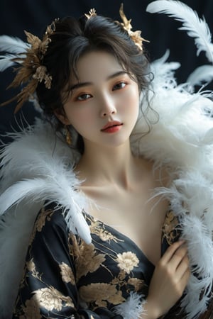 award-winning photography, medium shot, front view, hyperrealistic, personification of black rose, an 17-years-old ethereal gorgeous japanese idol, black kimono furisode, falling feather, flying feather, ethereal glamorous beautiful face, porcelain skin, detailed face, perfect v-shaped face, prominent facial features, sparkling almond eyes, black eye pupils, intricate eye makeup, (smiles captatively):1.45, attractive body, big breasts, perfect model body, Rembrandt lighting, japanese art, japanese style, translucent appearance, in a fantasy world of white-light feather, Gold Edged Black Rose