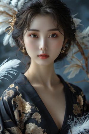 award-winning photography, medium shot, front view, hyperrealistic, personification of black rose, an 17-years-old ethereal gorgeous japanese idol, black kimono furisode, falling feather, flying feather, ethereal glamorous beautiful face, porcelain skin, detailed face, perfect v-shaped face, prominent facial features, sparkling almond eyes, black eye pupils, intricate eye makeup, (smiles captatively):1.45, attractive body, perfect model body, Rembrandt lighting, japanese art, japanese style, translucent appearance, Gold Edged Black Ros