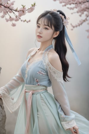 (full body shot:1.25)/(viewed from below). 1girl. A 17-years-old ethereal breathtakingly glamorous korean idol/(busty, black hair/(long ponytail:1.12), slim and tall perfect model body, an ethereal beautiful face/(translucent skin texture, porcelain skin tone), wearing hanfu/(song style outfits, chiffon, silk, lace)), award-winning photography, (hyperrealistic:1.2), masterpiece, cherry blossom, depth of field, 8k uhd, high resolution, perfect detail, intricate detail, raw photo, photo_b00ster