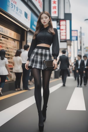 vogue cover, (full body shot) with low view angle, ultra_wide_angle lens, hyperrealistic:1.4, a 15-years-old astonishingly gorgeous girl wearing (platform gothic high heel):1.25), (ethereal beautiful face):1.4, perfect face, walking in a Akihabara, black business shirt, kilt miniskirt, (black leggings):1.4, attractive body, carrying an expensive hand bag, perfect model body, award-winning photography