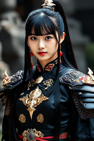 Half body shot. A professional photography of breathtakingly glamorous japanese idol wearing a princess-knight teutonic order outfit, with an exaggerated noir gothic design, gigantic pauldron, and golden sacred inscription. The dramatic lighting accentuates the charm of the girl in a mysterious atmosphere. A youthful face, featured with porcelain skin tone and lustry skin texture, emanating a mesmerizing beauty. black long hair with a high ponytail and bangs. extremely sharp, perfect detail, ultrarealistic, hyperrealistic, feminine, ulzzang