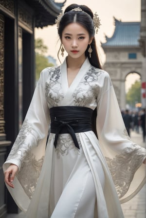 vogue cover of (an image of a young girl wearing flowing, ethereal clothing, exuding an aura of elegance and grace.), the location is (Champs Elysees, Paris), hyperrealistic:1.6, viewed from side, (perfect ethereal glamorous v-shaped face):1.25, (detailed symmetric face):1.23, (bright eyes):1.1, a 15-years-old astonishingly gorgeous girl, dressed in white  classic hanfu, (high-low skirt):1.4, intricated black embroidery in exquisite pattern, smiles captatively, long hair, perfect model body, slender body, (pronounced facial features):1.32, black stockings, Chinese girl, concept art style