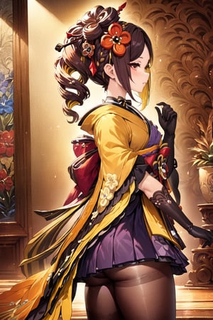 masterpiece, best quality, oil painting, rembrandt lighting, perfect features, intricate details, 1girl, chiori \(genshin impact\), elbow gloves, hair ornament, short kimono, print pantyhose, platform footwear, sash, wide sleeves, ribbon choker, Enhanced All