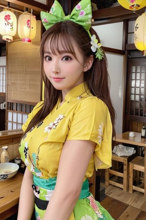 An award-winning photography of yua_mikami as a maid in izakaya, yua_mikami, publicity photos of yua_mikami wearing [yellow|green] furisode, looking away from camera, black|chestnut balayage long hair, raw photo, translucent skin texture AND porcelain skin tone, smiles calmly, depth of view, sharp focus on face, shine expression, easter theme, busty breasts, slim body, (slim and long legs):1.4, intricate makeup, symmetric face, bright eyes, high definition 8k, fujifilm velvia 100, photo_b00ster, a lovely girlfriend