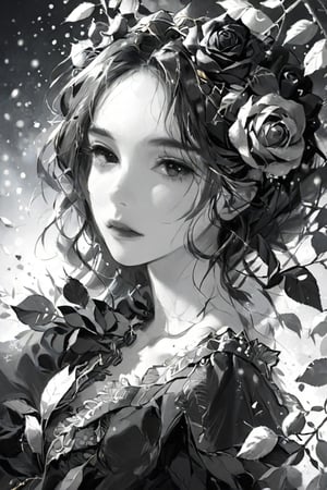 rose in a snow falling winter, depth of view, bokeh, monochrome, greyscale, Rembrandt lighting, high contrast, perfect details, intricate details, art_booster, masterpiece, best quality, official part, professional portrait, charcoal \(medium\), Gold Edged Black Rose