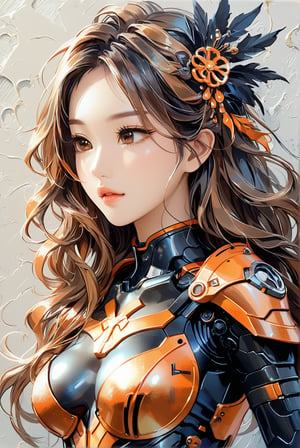 score_9, score_8_up, score_7_up, stellar_blade_tachy, a 17-years-old ethereal and breathtakingly glamorous korean idol, close-up, perfect busty model body, brown eyes, brown long hair, balayage hair, gloves, orange-black two tones armor, combat suit with external skeleton design, pencil sktech, masterpiece, best quality, official art, beauty & aesthetic, impasto art style, photorealistic