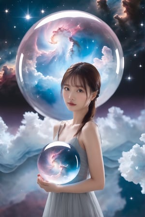 award-winning photography, ichika, Carina Nebula in a crystal ball (in front of her chest):1.2, galaxy in the background, hyperrealistic, the picture highlight the surreal beauty of ichika, translucent texture