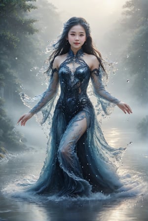 snow_falling theme, aerial view, award-winning portrait, hyperrealistic, urdine, a 15-years-old ethereal breathtakingly beautiful girl, smiling captatively, attire made of water, exquisite black embroidery, attire made of water, long hair, watce, fairytale-like lake, (surrounded by fog):1.5, Chinese girl