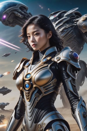 epic alien battle field theme, medium shot with high view angle, ultra-wide-angle-lens, award-winning photography, hyperrealistic, a 15-years-old breathtakingly beautiful korean girl, ethereal glamorous face, mechanical armor suits, champion of the galaxy, nuclear fusion reactor in the chest, aging treatment on the image, laser gun, cyborg style, cinematic lighting, saturn in the sky