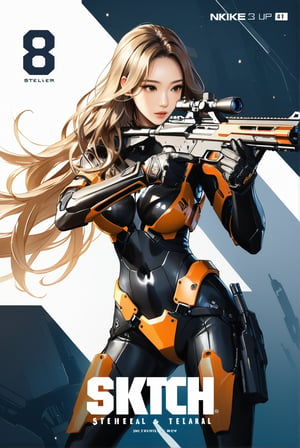 score_9, score_8_up, score_7_up, stellar_blade_tachy, a 17-years-old ethereal and breathtakingly glamorous korean idol, perfect busty model body, brown eyes, brown long hair, balayage hair, gloves, orange-black two tones armor, combat suit with external skeleton, pencil sktech, masterpiece, best quality, official art, beauty & aesthetic, IncrsNikkeProfile,  zoom layer, holding weapon, holding gun