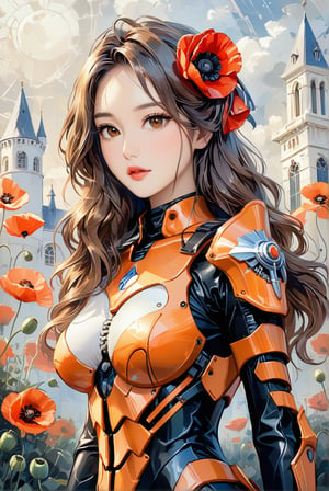 score_9, score_8_up, score_7_up, stellar_blade_tachy, a 17-years-old ethereal and breathtakingly glamorous korean idol, close-up, perfect busty model body, brown eyes, brown long hair, balayage hair, gloves, orange-black two tones armor, combat suit with external skeleton design, pencil sktech, masterpiece, best quality, official art, beauty & aesthetic, impasto art style, photorealistic, Poppies at Argenteuil
