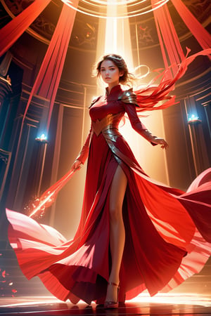 full body shot, masterpiece, high definition, (agirl:1.2),  red dress_shirt, ethereal atmosphere, mesmerizing light, unforgettable tones, charming colors, dramatic lighting, charming halo, gradient skirt), GUILD WARS, 