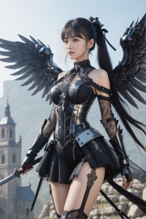 (medium shot:1.25)/(from below, from front). A 17-years-old ethereal breathtakingly glamorous korean girl/(busty, black hair/(long ponytail:1.05), perfect model body, an ethereal beautiful face/(translucent skin texture, porcelain skin tone), wearing a combat suit/(cyborg, black gothic lolita attire, (miniskirt:1.2), glowing embroidery) accentuating the beautiful thigh, beautiful long legs, gloves, (two wings:1.1)). ((holding sword/(claymore, combat stance, strike, perfect hand, perfect grip):1.12), award-winning, (hyperrealistic:1.2), depth of field, 8k uhd, high resolution, perfect detail, intricate detail, raw photo, Rembrandt lighting, battlefield/(epic, wreck, ruined, monastery), photo_b00ster