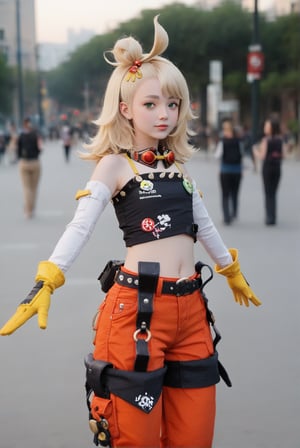 1girl, solo, an anime-like beautiful japanese girl, Zero_paipai, green eyes, thick eyebrows, short eyebrows, looking at viewer, black vest, bare shoulders, white elbow gloves, goggles around neck, long hair, blonde hair, yellow gloves, hair ornament, bangs pinned back, navel, bangs, orange pants, midriff, black shorts, feminine, score_9, score_8_up, score_7_up, source_photo, source_anime, ((photography, realistic, hyperrealistic, ultrarealistic)), ulzzang, absurdres, a mesmerizing beautiful face, depth of field, bokeh, blurry background, fantasy background