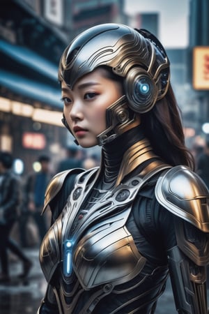 epic alien battle field theme, medium shot with high view angle, ultra-wide-angle-lens, award-winning photography, hyperrealistic, a 15-years-old breathtakingly beautiful korean girl, ethereal glamorous face, mechanical armor suits, exquisite ceramic armor, champion of the galaxy, (face mask):1.4, nuclear fusion reactor in the chest, aging treatment on the image, cyborg style, cinematic lighting, saturn in the sky