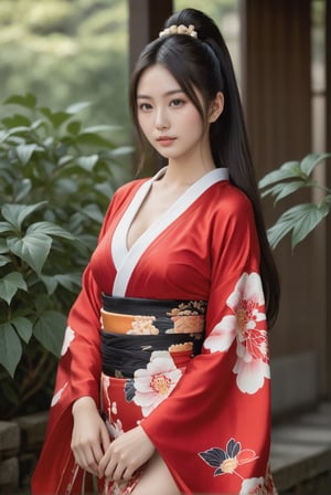 A studio fashion photography of a 17-years-old ethereal breathtakingly beautiful japanese idol, long hair/(black, ponytail), red dress fusioned with kimono aesthetic emanating irresistible sexual attractiveness, surrounded by paeonia suffruticosa. Her ample, shapely breasts and stunningly long legs accentuate her flawless model physique to a remarkable degree. The face is mesmerizingly ethereal, with porcelain skin, a translucent texture, and an aura of youthfulness. award-winning photography, (hyperrealistic:1.2), masterpiece, best quality, depth of field, 8k uhd, high resolution, fuji velvia, perfect detail, (raw photo:1.15), aesthetic,  photo_b00ster