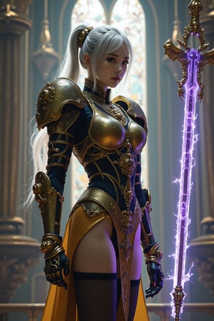 A professional cinematic photography of a breathtakingly beautiful japanese girl cosplaying Adeptus Custodes from Warhammer 40k. The golden exoskeleton power armor is magnificently ornate and intricate and delicately crafted. The lower part of the power armor is a golden high slit skirt inscribed with glowing sacred inscription, revealing her beautiful thigh adorned with black stockings. The armor reflects the metallic texture and the ultimate craftmanship of the human empire. She holds a golden spear, covered with a layer of energy which is barely visible purple, with the tip emitting blue electricity and lightening.  She has an ulzzang appearance with light skin tone and lustry skin texture, accentuating her youthful face. Her hair is white with a hairstyle composed of high ponytail and bangs. She is standing in middle of a cathedral decorated with imperium aquila,  illuminated by jesus light from above. The scene reflects a sacred and serene atmosphere. Enhanced all, FuturEvoLabArmor