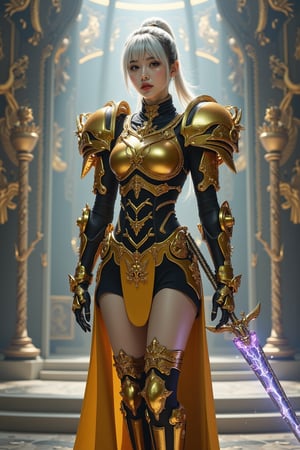 A professional cinematic photography of a breathtakingly beautiful japanese girl cosplaying Adeptus Custodes from Warhammer 40k. The golden exoskeleton power armor is magnificently ornate and intricate and delicately crafted. The lower part of the power armor is a golden high slit skirt inscribed with glowing sacred inscription, revealing her beautiful thigh adorned with black stockings. The armor reflects the metallic texture and the ultimate craftmanship of the human empire. She holds a golden spear, covered with a layer of energy which is barely visible purple, with the tip emitting blue electricity and lightening.  She has an ulzzang appearance with light skin tone and lustry skin texture, accentuating her youthful face. Her hair is white with a hairstyle composed of high ponytail and bangs. She is standing in middle of a cathedral decorated with imperium aquila, bathed in the light casting from the top of the dome. The scene reflects a sacred and serene atmosphere. Enhanced all, FuturEvoLabArmor