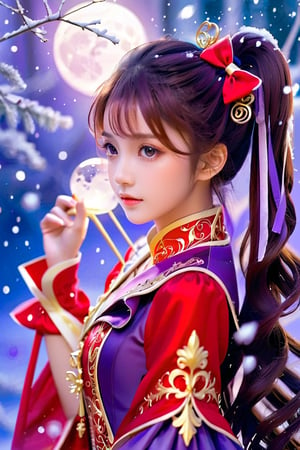 masterpiece, high definition, (agirl:1.1), perfect face, red tailcoat dress, purple ponytail, ethereal atmosphere, detailed Anime face, delicate golden filigree, moon light, forest, mesmerizing light, unforgettable tones, charming colors, dramatic lighting, charming halo, gradient skirt), (snowing:0.5), beautymix,shouban
