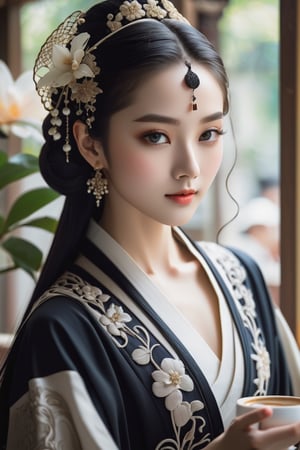 vogue cover, viewed from side, (perfect ethereal glamorous v-shaped face):1.4, (detailed symmetric face):1.5, (bright eyes):1.1, a 15-years-old astonishingly gorgeous girl, sitting at a table in a coffee shop, dressed in white classic hanfu, intricated black embroidery in exquisite pattern, smiles captatively, long hair, perfect model body, slender body, (pronounced facial features):1.32, concept art style