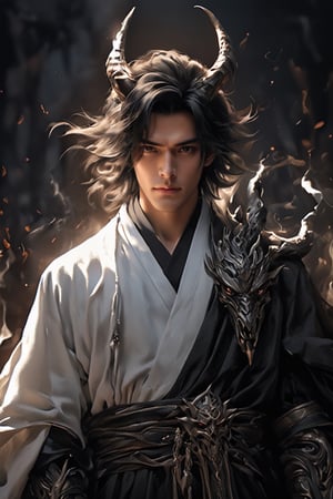 1boy, short korean hair, looking at viewer, bangs, long white sleeves. behind him there is monster with horn, hair between eyes, full lenght body, braid, black hair, wide sleeves, hollow, robe, black robe, shallows depth of field, dramatic light, perfect composition