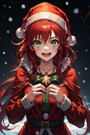 1girl, dark fantasy background terror snow, night, dark sky, red hair, green eyes, cute, christmas necklace, wear christmas clothes,laughing like crazy, background are a acaramel stick
looking at the camera,terror, dark magic