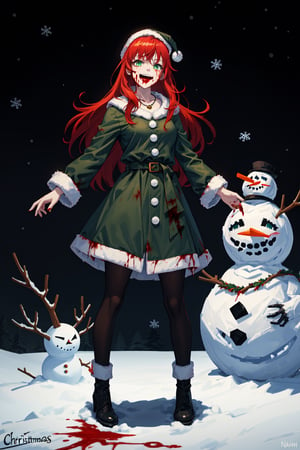 1girl, dark fantasy background terror Snowman, night, dark sky, red hair, green eyes, christmas necklace, she has blood on face,wear christmas clothes,laughing madly, background are a terror Snowman looking at the camera,terror, dark magic, full body