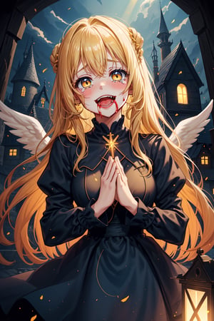 1girl, dark fantasy, blonde hair, yellow eyes, laughing gently
,she wears a tender light blue dress, cute, cute face ,background a light castle and houses from the middle ages, beautiful illuminated light blue sky, there are angels in heaven, she is praying, tears of blood fall from his eyes, terror, dark magic