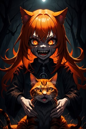 1girl, dark fantasy background terror forest, night, dark sky, orange hair, orange eyes, laughing madly, in the background is a terror 
cat looking at the camera,terror, dark magic