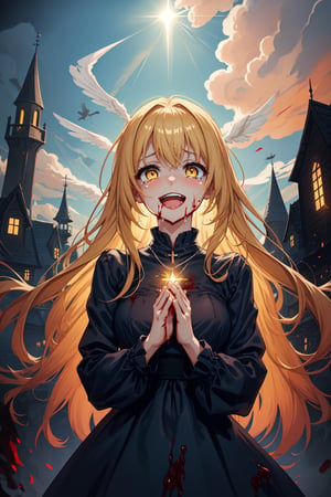 1girl, dark fantasy, blonde hair, yellow eyes, laughing gently
,she wears a tender light blue dress, cute, cute face ,background a light castle and houses from the middle ages, beautiful illuminated light blue sky, there are angels in heaven, she is praying, tears of blood fall from his eyes, terror, dark magic