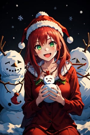 1girl, dark fantasy background terror Snowman, night, dark sky, red hair, green eyes, christmas necklace, wear christmas clothes,laughing madly, background are a terror Snowman
looking at the camera,terror, dark magic