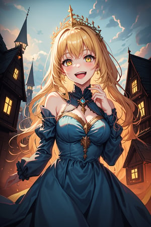 1girl, dark fantasy, blonde hair, yellow eyes, laughing gently
,she wears a tender light blue dress, cute, cute face ,background a light castle and houses from the middle ages, beautiful illuminated light blue sky,terror, dark magic