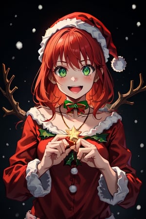 1girl, dark fantasy background terror snow, night, dark sky, red hair, green eyes, cute, christmas necklace, wear christmas clothes,laughing little, background are a acaramel stick
looking at the camera,terror, dark magic