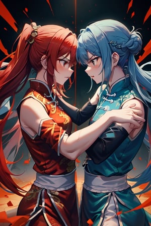 Generate an image of two individuals in a fighting each other other. One individual has blue hair and is dressed blue Chinese Martial Arts Uniform, while the other has red hair wearing red Chinese Martial Arts Uniform. Ensure that the AI accurately depicts a fighting scene between the two individuals, clearly showcasing the specified hair and clothing colors for each, the two individuals they are hitting each other, full body, fighting, hitting, battle