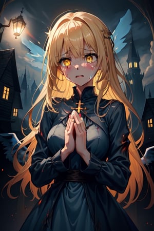 1girl, dark fantasy, blonde hair, yellow eyes, scared
,she wears a tender light blue dress, cute, cute face ,background a light castle and houses from the middle ages, beautiful illuminated light blue sky, there are angels in heaven, she is praying, tears of blood fall from his eyes, terror, dark magic