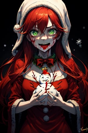 1girl, dark fantasy background terror Snowman, night, dark sky, red hair, green eyes, christmas necklace, she has blood on face,wear christmas clothes,laughing madly, background are a terror Snowman
looking at the camera,terror, dark magic