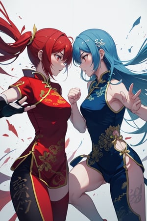 Generate an image of two individuals in a fighting each other other. One individual has blue hair and is dressed blue Chinese Martial Arts Uniform, while the other has red hair wearing red Chinese Martial Arts Uniform. Ensure that the AI accurately depicts a fighting scene between the two individuals, clearly showcasing the specified hair and clothing colors for each, (the two individuals they are hitting each other), full body, fighting, hitting, battle