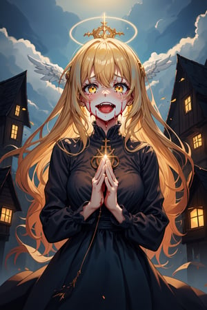 1girl, dark fantasy, blonde hair, yellow eyes, laughing gently
,she wears a tender light blue dress, cute, cute face ,background a light castle and houses from the middle ages, beautiful illuminated light blue sky, there are angels in heaven, she is praying, tears of blood fall from his eyes, terror, dark magic