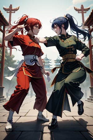 Generate an image of two women engaged in a fierce battle. One woman has blue hair and is dressed in a traditional blue Chinese Martial Arts Uniform, while the other woman has red hair and is wearing a red Chinese Martial Arts Uniform. The scene should accurately depict the intense fight between the two individuals, clearly showcasing the specified hair and clothing colors for each. The image should feature a full-body view of the two women fighting, hitting, and engaging in a battle. The background should include a Chinese imperial temple, with a training field made of square stone slabs. Surrounding the training field should be ancient Chinese houses, and within the training field, there should be practice dummies used for physical and martial arts training.,Jack o 'Lantern